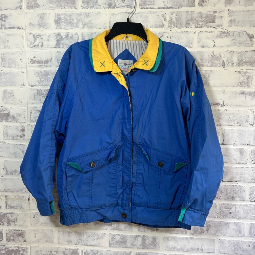 Vintage Casual Club Windbreaker Jacket Size Small Blue Yellow 80s 90s Full Zip